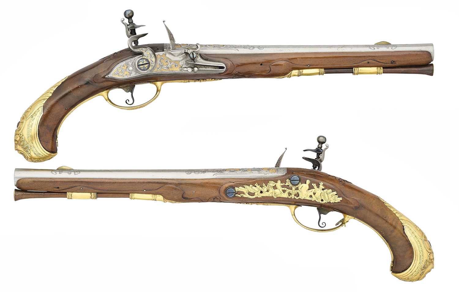 Lot 294 - A FINE PAIR OF 16 BORE LIEGOIS FLINTLOCK HOLSTER PISTOLS BY JEAN JAQUES BEHR, CIRCA 1720-30