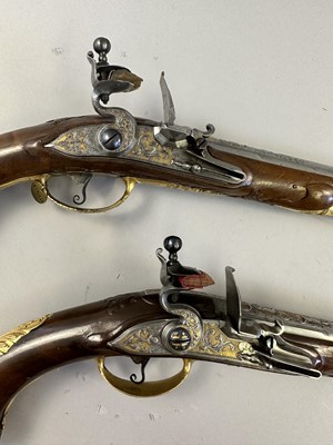 Lot 294 - A FINE PAIR OF 16 BORE LIEGOIS FLINTLOCK HOLSTER PISTOLS BY JEAN JAQUES BEHR, CIRCA 1720-30