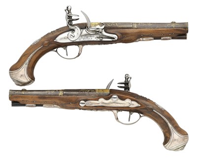 Lot 279 - A PAIR OF 22 BORE FRENCH SILVER-MOUNTED FLINTLOCK PISTOLS BY C. GAGNIERE A ST ETIENNE, LYON CHARGE MARK FOR CIRCA 1775-80