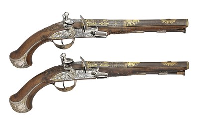 Lot 276 - A FINE PAIR OF 25 BORE FRENCH SILVER-MOUNTED FLINTLOCK PISTOLS BY BARGE, PARIS CHARGE AND DISCHARGE MARKS FOR 1756-62, MAISON COMMUNE MARK FOR 1758