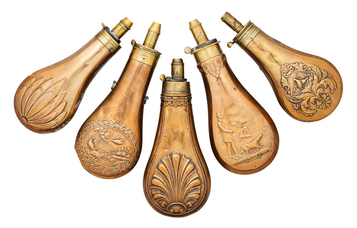 Lot 611 - □ FIVE COPPER ALLOY POWDER-FLASKS, 19TH CENTURY AND LATER