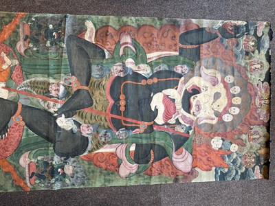 Lot 167 - A LARGE THANG-KA DEPICTING SIMHAVAKTRA, TIBET, 19TH CENTURY