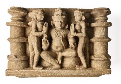 Lot 200 - A BUFF SANDSTONE RELIEF DEPICTING KUBERA, NORTHERN INDIA, 11TH/12TH CENTURY