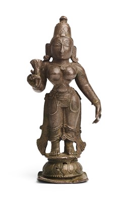 Lot 209 - A SMALL BRONZE FIGURE OF BHU-DEVI, TAMIL NADU, SOUTH INDIA, CIRCA 18TH CENTURY