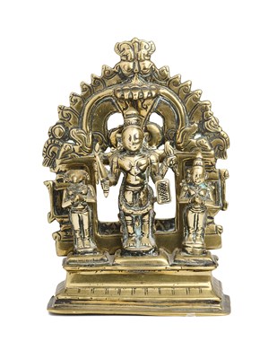 Lot 128 - A BRASS VIRABHADRA SHRINE, WESTERN DECCAN, INDIA, 18TH/19TH CENTURY