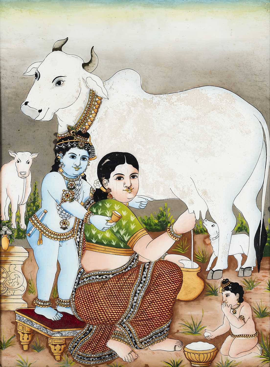 Lot 348 - A REVERSE GLASS PAINTING DEPICTING YASHODA AND KRISHNA, TAMIL NADU, SOUTH INDIA, CIRCA 1900