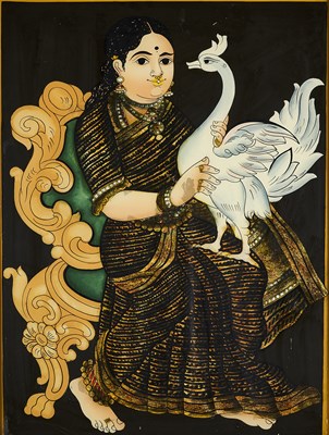 Lot 344 - A REVERSE GLASS PAINTING OF LADY WITH A GOOSE, TAMIL NADU, SOUTH INDIA, CIRCA 1900