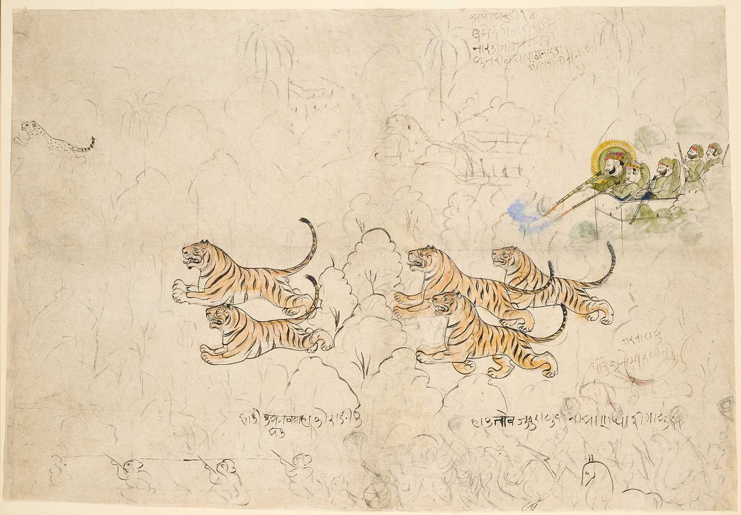 Lot 329 - A LARGE DRAWING DEPICTING RAM SINGH II, MAHARAO OF KOTAH HUNTING, RAJASTHAN, CIRCA 1840