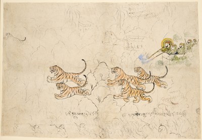 Lot 329 - A LARGE DRAWING DEPICTING RAM SINGH II, MAHARAO OF KOTAH HUNTING, RAJASTHAN, CIRCA 1840