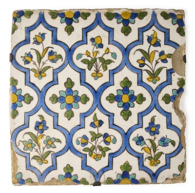 Lot 162 - A ZAND OR QAJAR CUERDA SECA TILE, PERSIA, 18TH/19TH CENTURY