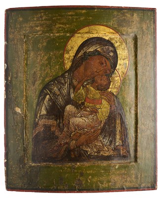 Lot 19 - AN ICON OF THE ELEUSA (VIRGIN OF TENDERNESS), RUSSIAN, 18TH CENTURY