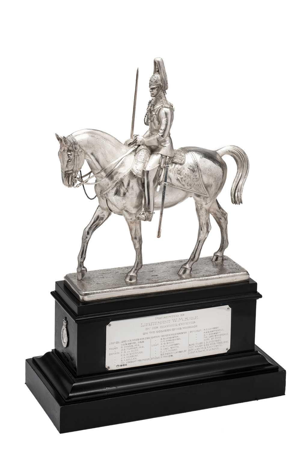 Lot 193 - A GEORGE V SILVER EQUESTRIAN FIGURE OF AN OFFICER OF THE ROYAL HORSE GUARD (BLUES), F. PHILLIPS OF ALDERSHOT, LONDON, 1927