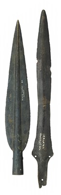 Lot 120 - A COPPER ALLOY SPEARHEAD AND A COPPER ALLOY SHORTSWORD, 1300-800 B.C.