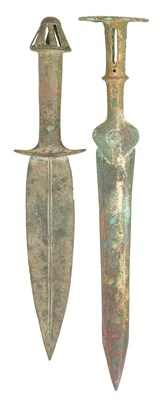 Lot 241 - A RARE COPPER ALLOY DAGGER, 2ND MILLENIUM B.C., ELAM OR LURISTAN AND ANOTHER COPPER ALLOY DAGGER