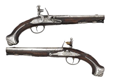 Lot 203 - A PAIR OF 25 BORE CONTINENTAL FLINTLOCK HOLSTER PISTOLS, CIRCA 1780