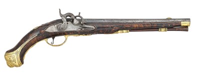 Lot 205 - A 22 BORE LIEGOIS PERCUSSION LONG HOLSTER PISTOL BY H. DEVILLERS, CIRCA 1740