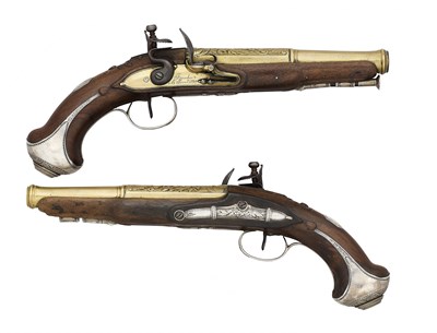 Lot 202 - A RARE PAIR OF 23 BORE FRENCH COLONIAL SILVER-MOUNTED FLINTLOCK PISTOLS SIGNED BOURDICE, ST PIERRE, MARTINIQUE, CIRCA 1790