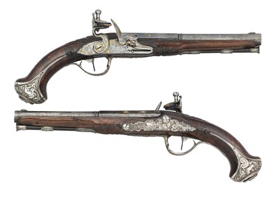 Lot 201 - A FINE PAIR OF 18 BORE FRENCH SILVER-MOUNTED FLINTLOCK HOLSTER PISTOLS BY POITEVIN LAINE A ANGOULEME, NANTES DISCHARGE MARK, 1746