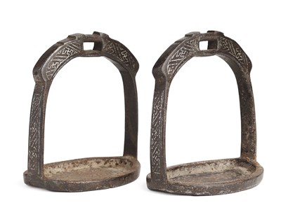 Lot 315 - A PAIR OF CHINESE SILVER INLAID STIRRUPS, QING DYNASTY, 19TH CENTURY