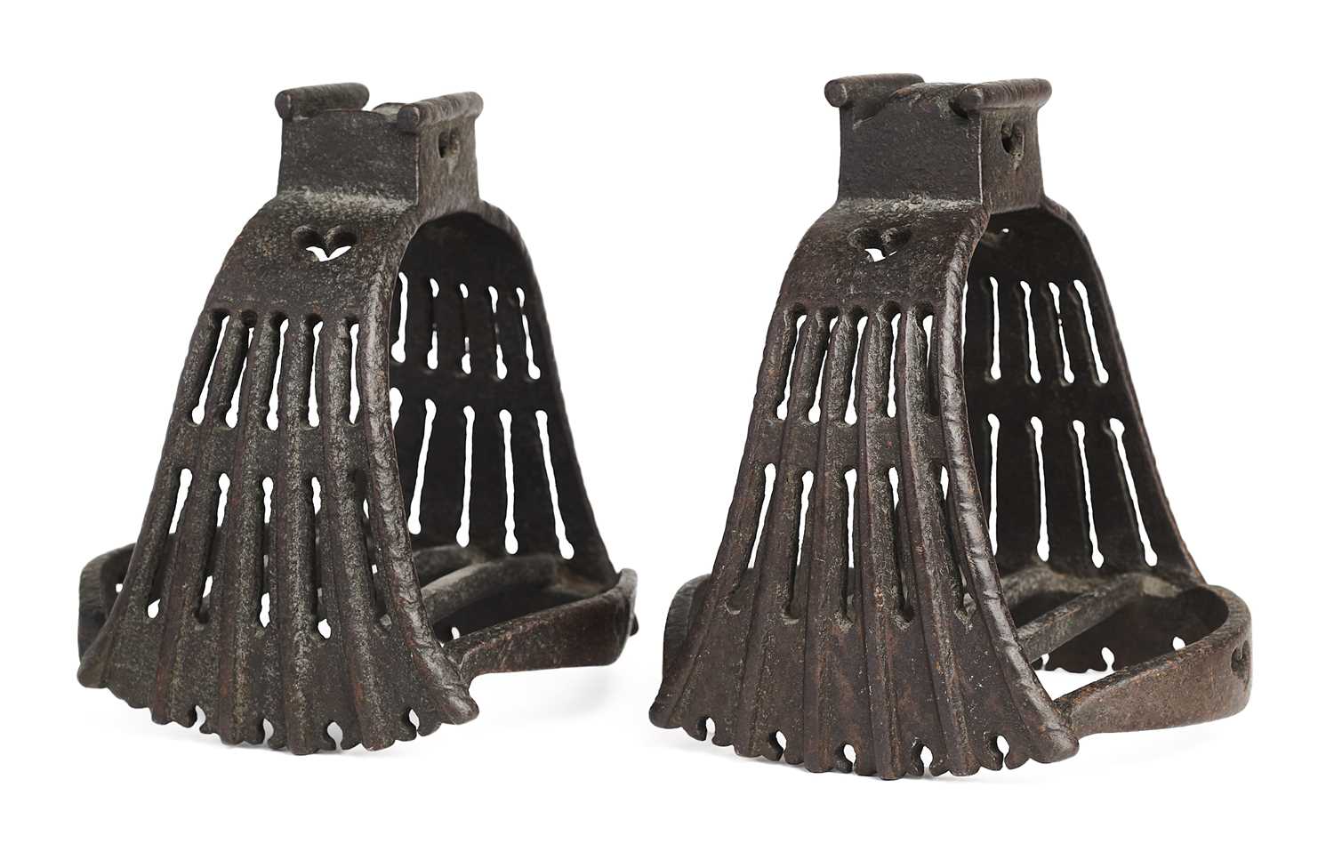 Lot 192 - A PAIR OF IRON STIRRUPS, IN GERMAN 16TH CENTURY STYLE, 19TH CENTURY