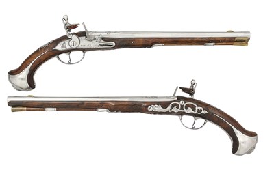 Lot 200 - A FINE PAIR OF 20 BORE AUSTRIAN (STYRIAN) FLINTLOCK HOLSTER PISTOLS BY THOMAS WASTL, GRAZ, CIRCA 1700