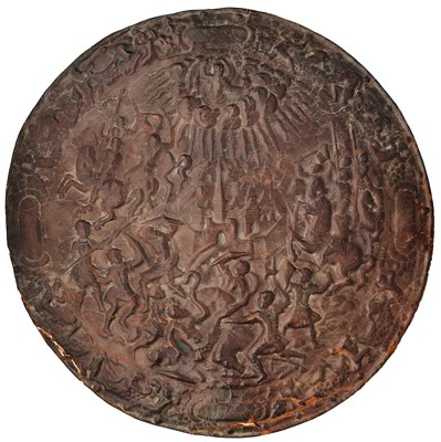 Lot 268 - A TOOLED LEATHER SHIELD IN ITALIAN MID-16TH CENTURY STYLE, 19TH CENTURY