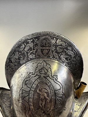Lot 170 - A COMPOSITE NORTH ITALIAN CAP-A-PIE ARMOUR WITH ETCHED DECORATION, LATE 16TH CENTURY, THE BACKPLATE SIGNED BY THE MASTER ‘P’