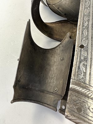 Lot 170 - A COMPOSITE NORTH ITALIAN CAP-A-PIE ARMOUR WITH ETCHED DECORATION, LATE 16TH CENTURY, THE BACKPLATE SIGNED BY THE MASTER ‘P’