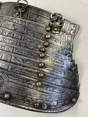 Lot 170 - A COMPOSITE NORTH ITALIAN CAP-A-PIE ARMOUR WITH ETCHED DECORATION, LATE 16TH CENTURY, THE BACKPLATE SIGNED BY THE MASTER ‘P’