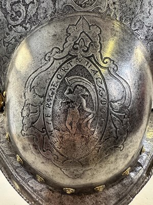 Lot 170 - A COMPOSITE NORTH ITALIAN CAP-A-PIE ARMOUR WITH ETCHED DECORATION, LATE 16TH CENTURY, THE BACKPLATE SIGNED BY THE MASTER ‘P’