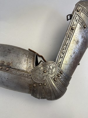 Lot 170 - A COMPOSITE NORTH ITALIAN CAP-A-PIE ARMOUR WITH ETCHED DECORATION, LATE 16TH CENTURY, THE BACKPLATE SIGNED BY THE MASTER ‘P’