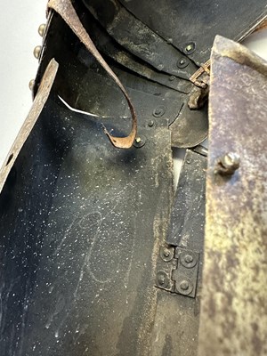 Lot 170 - A COMPOSITE NORTH ITALIAN CAP-A-PIE ARMOUR WITH ETCHED DECORATION, LATE 16TH CENTURY, THE BACKPLATE SIGNED BY THE MASTER ‘P’