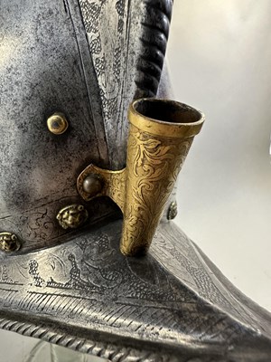 Lot 170 - A COMPOSITE NORTH ITALIAN CAP-A-PIE ARMOUR WITH ETCHED DECORATION, LATE 16TH CENTURY, THE BACKPLATE SIGNED BY THE MASTER ‘P’
