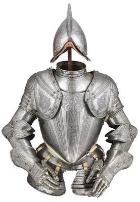 Lot 170 - A COMPOSITE NORTH ITALIAN CAP-A-PIE ARMOUR WITH ETCHED DECORATION, LATE 16TH CENTURY, THE BACKPLATE SIGNED BY THE MASTER ‘P’