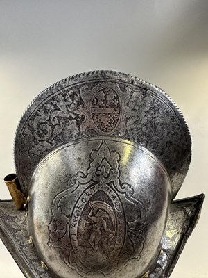 Lot 170 - A COMPOSITE NORTH ITALIAN CAP-A-PIE ARMOUR WITH ETCHED DECORATION, LATE 16TH CENTURY, THE BACKPLATE SIGNED BY THE MASTER ‘P’