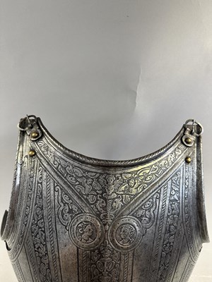 Lot 170 - A COMPOSITE NORTH ITALIAN CAP-A-PIE ARMOUR WITH ETCHED DECORATION, LATE 16TH CENTURY, THE BACKPLATE SIGNED BY THE MASTER ‘P’
