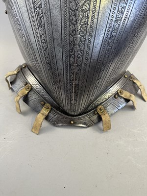 Lot 170 - A COMPOSITE NORTH ITALIAN CAP-A-PIE ARMOUR WITH ETCHED DECORATION, LATE 16TH CENTURY, THE BACKPLATE SIGNED BY THE MASTER ‘P’