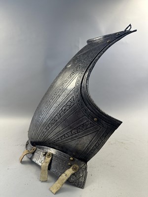 Lot 170 - A COMPOSITE NORTH ITALIAN CAP-A-PIE ARMOUR WITH ETCHED DECORATION, LATE 16TH CENTURY, THE BACKPLATE SIGNED BY THE MASTER ‘P’