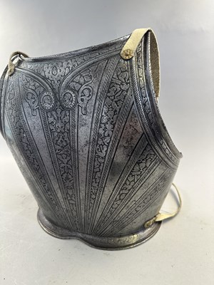 Lot 170 - A COMPOSITE NORTH ITALIAN CAP-A-PIE ARMOUR WITH ETCHED DECORATION, LATE 16TH CENTURY, THE BACKPLATE SIGNED BY THE MASTER ‘P’