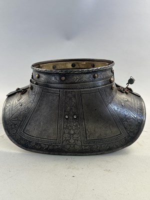 Lot 170 - A COMPOSITE NORTH ITALIAN CAP-A-PIE ARMOUR WITH ETCHED DECORATION, LATE 16TH CENTURY, THE BACKPLATE SIGNED BY THE MASTER ‘P’