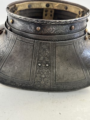 Lot 170 - A COMPOSITE NORTH ITALIAN CAP-A-PIE ARMOUR WITH ETCHED DECORATION, LATE 16TH CENTURY, THE BACKPLATE SIGNED BY THE MASTER ‘P’