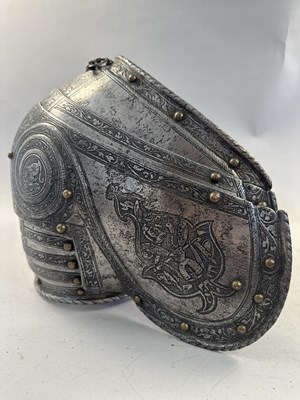 Lot 170 - A COMPOSITE NORTH ITALIAN CAP-A-PIE ARMOUR WITH ETCHED DECORATION, LATE 16TH CENTURY, THE BACKPLATE SIGNED BY THE MASTER ‘P’