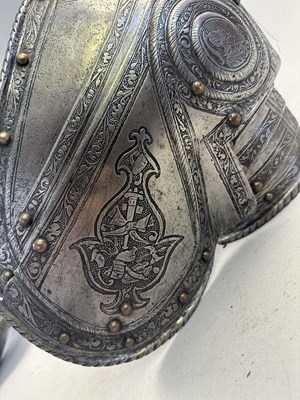 Lot 170 - A COMPOSITE NORTH ITALIAN CAP-A-PIE ARMOUR WITH ETCHED DECORATION, LATE 16TH CENTURY, THE BACKPLATE SIGNED BY THE MASTER ‘P’