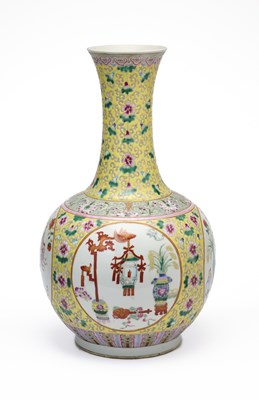 Lot 94 - A CHINESE FAMILLE-ROSE YELLOW-GROUND BOTTLE VASE, GUANGXU SIX-CHARACTER MARK, 20TH CENTURY