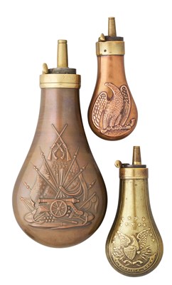 Lot 614 - □ THREE POWDER FLASKS IN AMERICAN 19TH CENTURY STYLE MARKED COLT'S PATENT, 20TH CENTURY