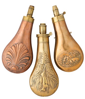 Lot 612 - □ THREE COPPER ALLOY POWDER-FLASKS, 19TH CENTURY AND LATER