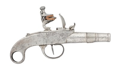 Lot 620 - A 60 BORE CONTINENTAL FLINTLOCK POCKET PISTOL FORMED ENTIRELY OF STEEL, CIRCA 1800, PROBABLY BELGIAN