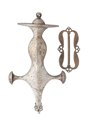 Lot 534 - AN INDIAN HILT FOR A SWORD (TALWAR) AND AN INDIAN BELT BUCKLE, 18TH CENTURY