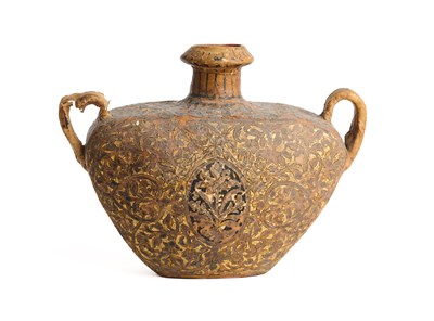 Lot 202 - □ A PAINTED AND PARCEL GILT HIDE WATER BOTTLE, RAJASTHAN, PROBABLY BIKANER, 19TH CENTURY