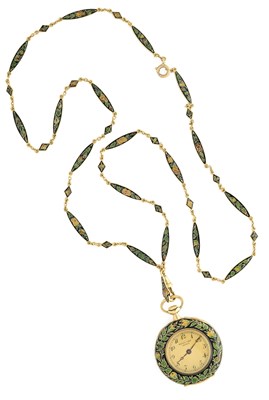 Lot 316 - A SWISS ENAMELLED GOLD LADY'S WATCH ON CHAIN, HENRY CAPT HORLOGER, MAISON GALLOPIN SUCCESSEUR, GENEVA, CIRCA 1900